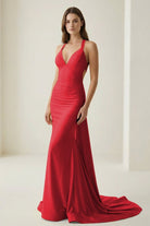 Evraelle | Pink - V Neck Satin Mermaid Open Back Long Formal Prom Dresses - KissProm