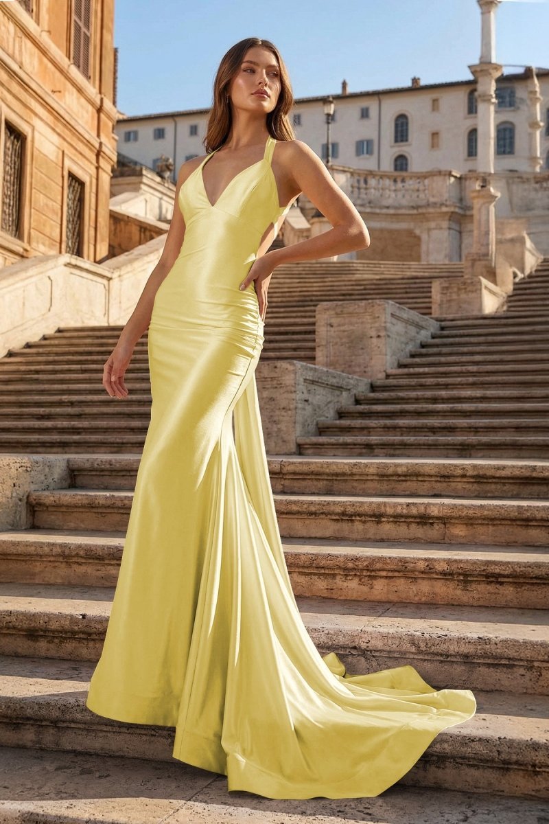 KissProm Pink Halter Satin Mermaid Open Back Long Formal Prom Dresses, Yellow / 12