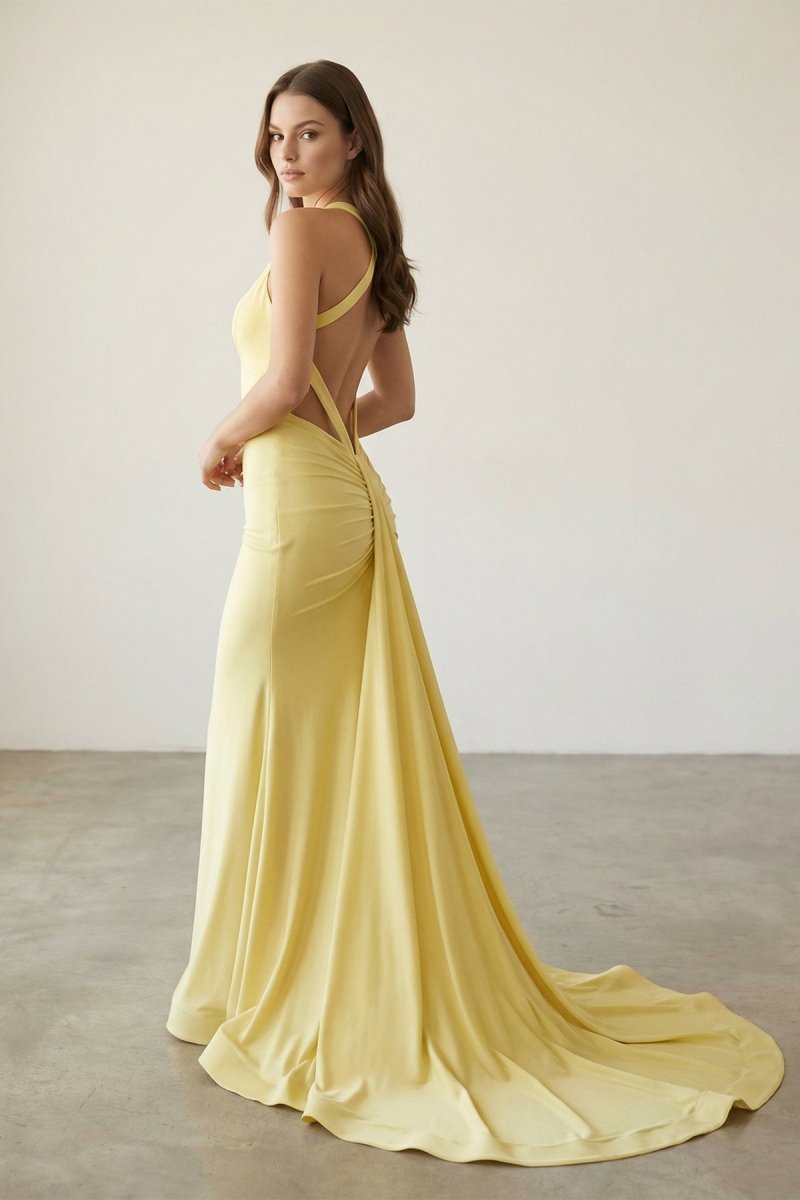 KissProm Pink Halter Satin Mermaid Open Back Long Formal Prom Dresses, Yellow / 12