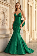 Hot Pink Spaghetti Straps Bow - Back Trumpet Long Gown - KissProm