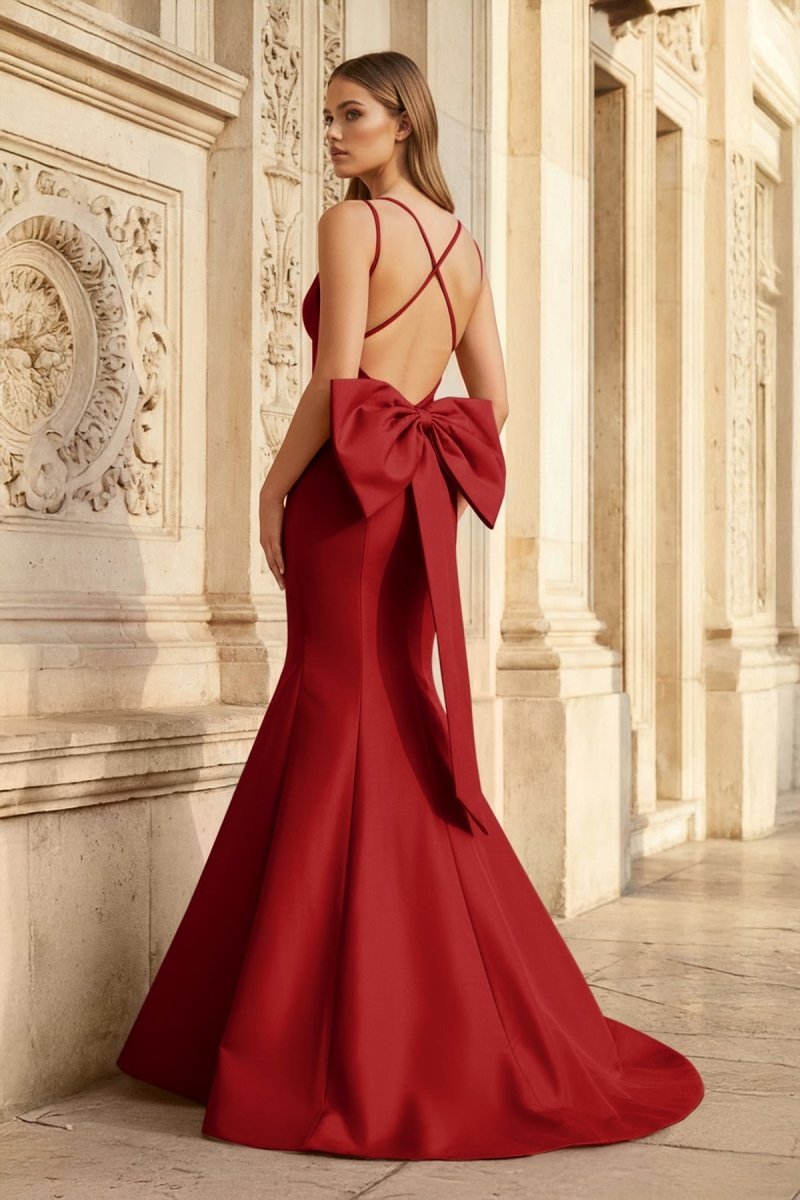 KissProm Hot Pink Spaghetti Straps Bow-Back Trumpet Long Gown, Red / 12 / Satin