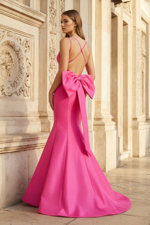 Hot Pink V - Neck Bow - Back Trumpet Long Gown - KissProm