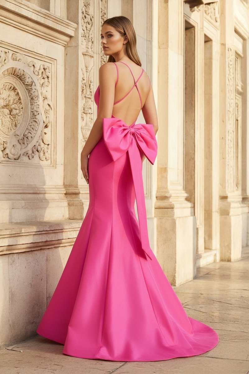 KissProm Hot Pink Spaghetti Straps Bow-Back Trumpet Long Gown, Navy Blue / 16 / Satin