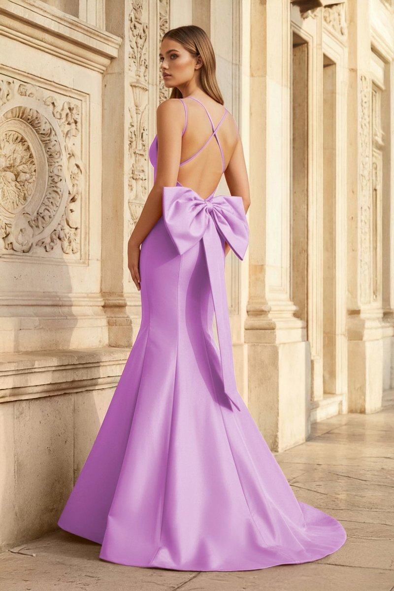 Hot Pink Spaghetti Straps Bow-Back Trumpet Long Gown, Lilac / 0 / Satin Hot Pink Spaghetti Straps Bow-Back Trumpet Long Gown, Lilac / 0 / Satin