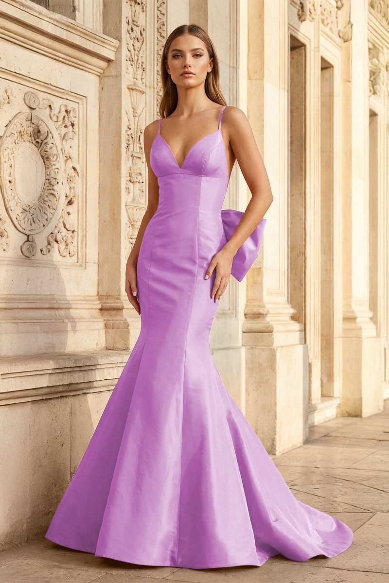 Hot Pink Spaghetti Straps Bow-Back Trumpet Long Gown