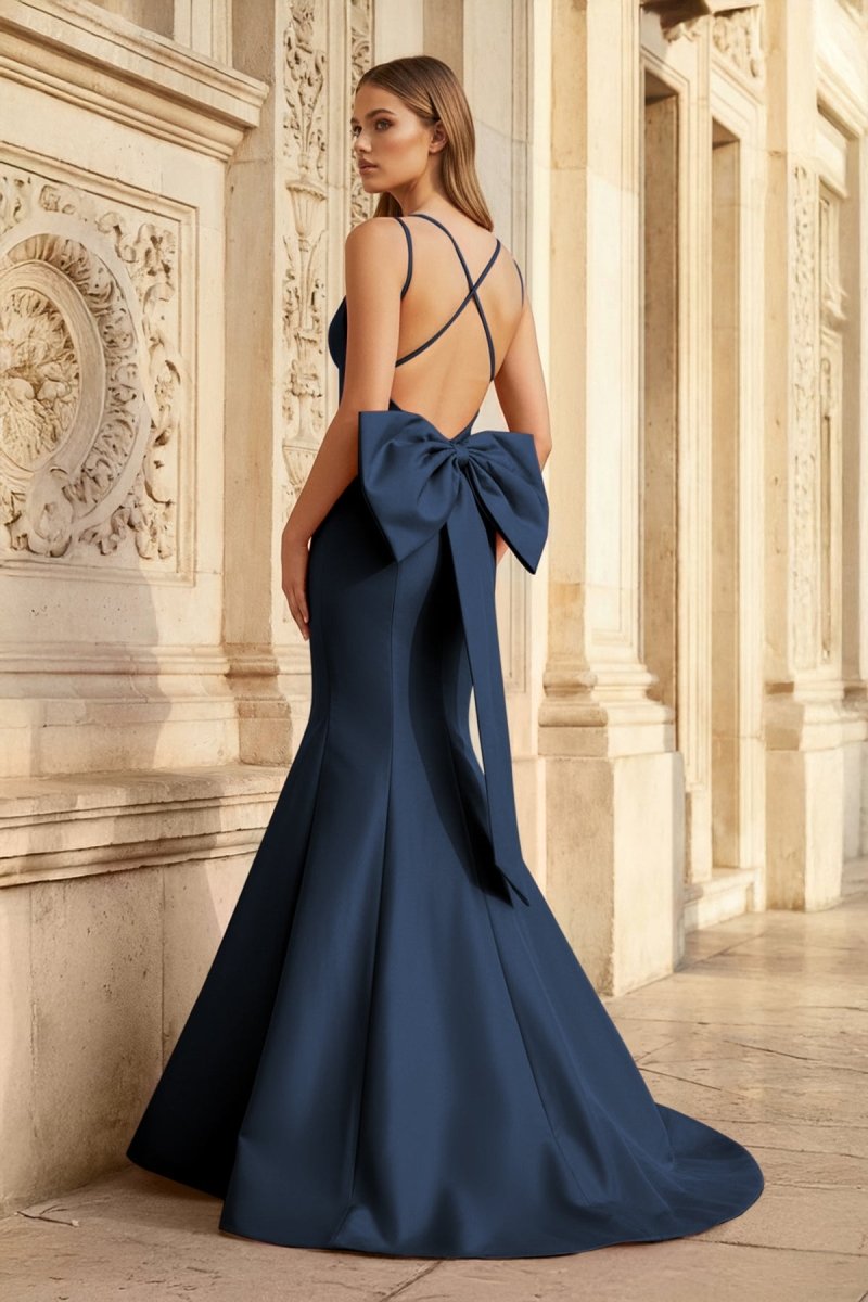 Hot Pink Spaghetti Straps Bow-Back Trumpet Long Gown