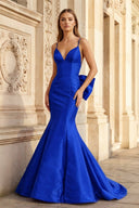 Hot Pink Spaghetti Straps Bow - Back Trumpet Long Gown - KissProm