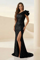 Evyra | Red - One Shoulder Mermaid Sequins Long Formal Prom Dresses With Flower - KissProm