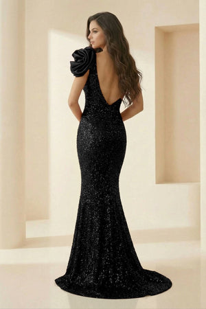 Evyra | Black - One Shoulder Mermaid Sequins Long Formal Prom Dresses With Flower - KissProm