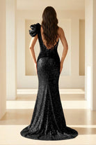 Evyra | Red - One Shoulder Mermaid Sequins Long Formal Prom Dresses With Flower - KissProm