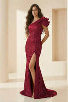 Evyra | Red - One Shoulder Mermaid Sequins Long Formal Prom Dresses With Flower - KissProm