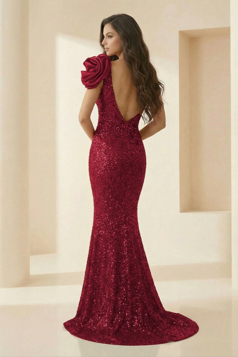 Evyra | Red - One Shoulder Mermaid Sequins Long Formal Prom Dresses With Flower - KissProm