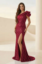Evyra | Red - One Shoulder Mermaid Sequins Long Formal Prom Dresses With Flower - KissProm