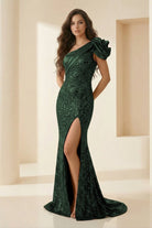 Evyra | Red - One Shoulder Mermaid Sequins Long Formal Prom Dresses With Flower - KissProm