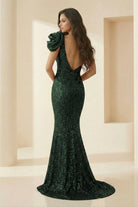 Evyra | Red - One Shoulder Mermaid Sequins Long Formal Prom Dresses With Flower - KissProm