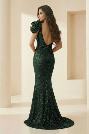 Evyra | Dark Green - One Shoulder Mermaid Sequins Long Formal Prom Dresses With Flower - KissProm