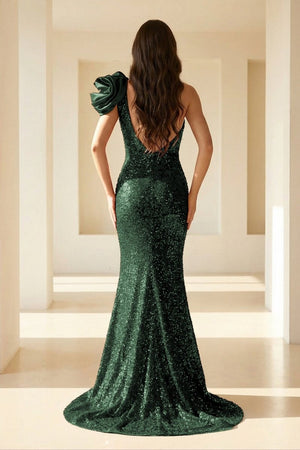 Evyra | Dark Green - One Shoulder Mermaid Sequins Long Formal Prom Dresses With Flower - KissProm