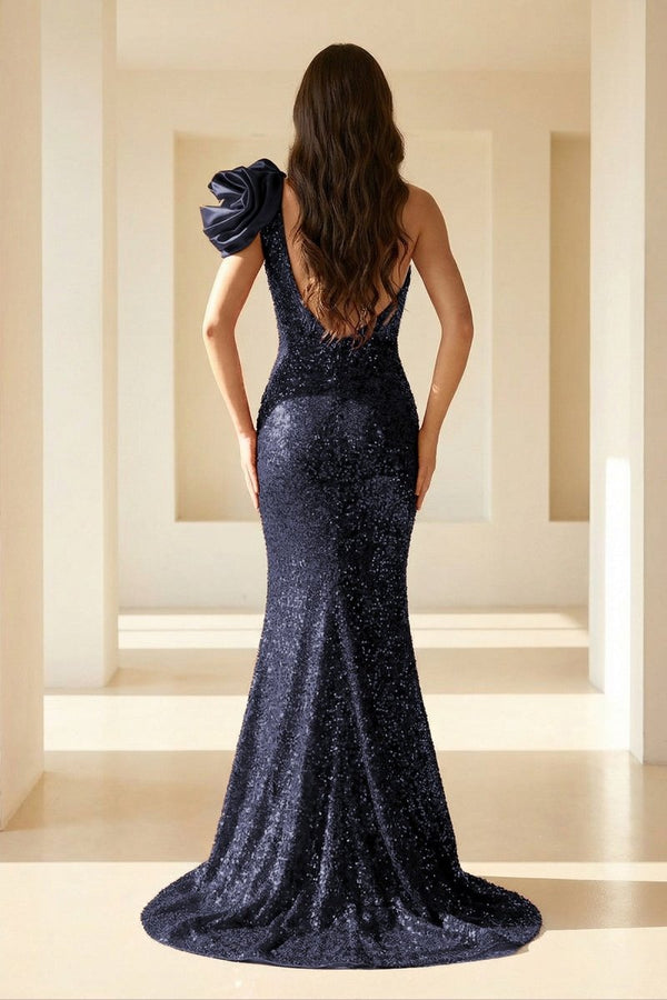 Evyra | Navy Blue - One Shoulder Mermaid Sequins Long Formal Prom Dresses With Flower - KissProm