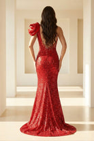 Evyra | Red - One Shoulder Mermaid Sequins Long Formal Prom Dresses With Flower - KissProm