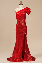 Evyra | Red - One Shoulder Mermaid Sequins Long Formal Prom Dresses With Flower - KissProm
