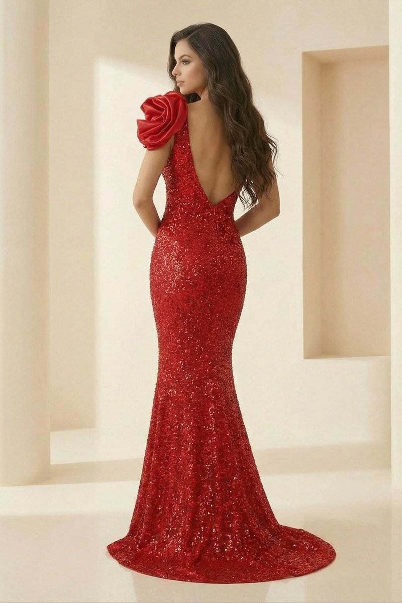 Evyra | Red - One Shoulder Mermaid Sequins Long Formal Prom Dresses With Flower - KissProm