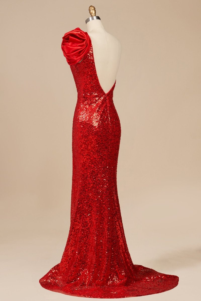 Evyra | Red - One Shoulder Mermaid Sequins Long Formal Prom Dresses With Flower - KissProm