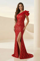Evyra | Red - One Shoulder Mermaid Sequins Long Formal Prom Dresses With Flower - KissProm