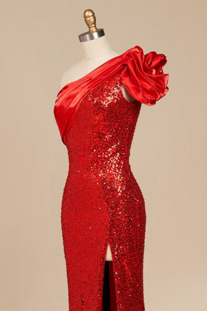 Evyra | Red - One Shoulder Mermaid Sequins Long Formal Prom Dresses With Flower - KissProm