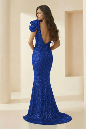 Evyra | Royal Blue - One Shoulder Mermaid Sequins Long Formal Prom Dresses With Flower - KissProm