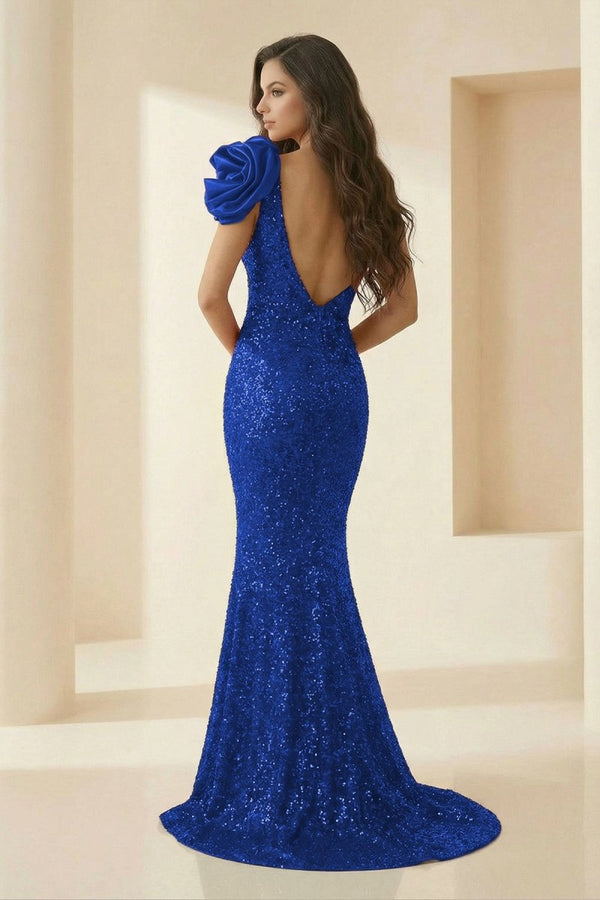 Evyra | Royal Blue - One Shoulder Mermaid Sequins Long Formal Prom Dresses With Flower - KissProm