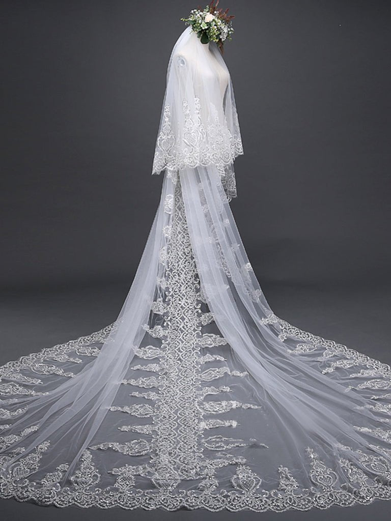 Exquise Floral Lace with Shaped Edge Cathedral Veil Bridal Veil Wedding Veil - KissProm