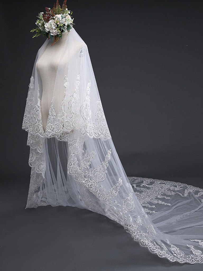 Exquise Floral Lace with Shaped Edge Cathedral Veil Bridal Veil Wedding Veil - KissProm