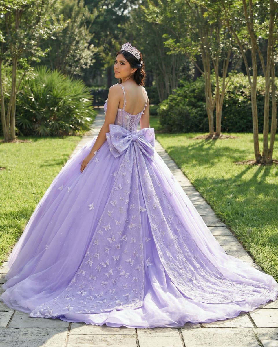 Spaghetti Straps Quinceanera Dresses Ball Gown with Butterfly Appliques and Bowknot, Lilac / 10