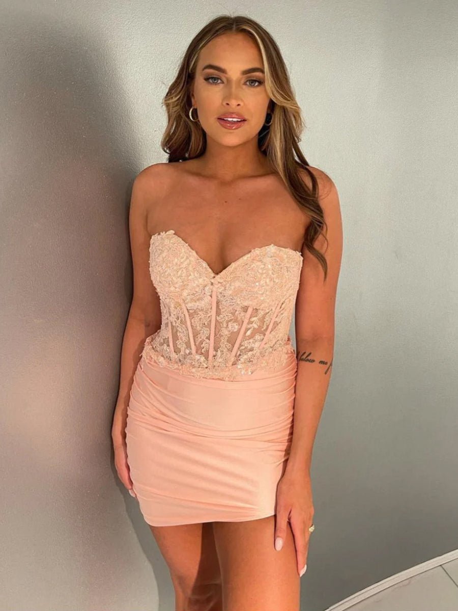 strapless open back dress Sheath Sweetheart Fuchsia Tight Mini Party Dresses