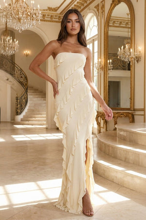 Pink - Sheath Strapless Chiffon Long Prom Dresses With Ruffles – Prom Dresses by KissProm | Available at KissProm