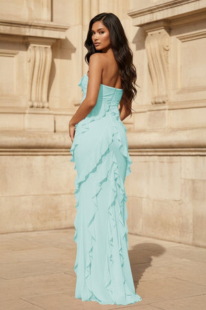 Pink - Sheath Strapless Chiffon Long Prom Dresses With Ruffles – Prom Dresses by KissProm | Available at KissProm