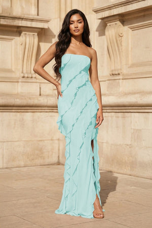 Pink - Sheath Strapless Chiffon Long Prom Dresses With Ruffles – Prom Dresses by KissProm | Available at KissProm