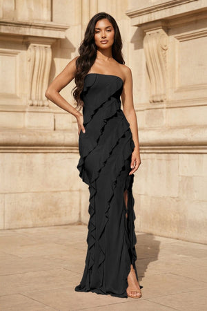 Pink - Sheath Strapless Chiffon Long Prom Dresses With Ruffles – Prom Dresses by KissProm | Available at KissProm