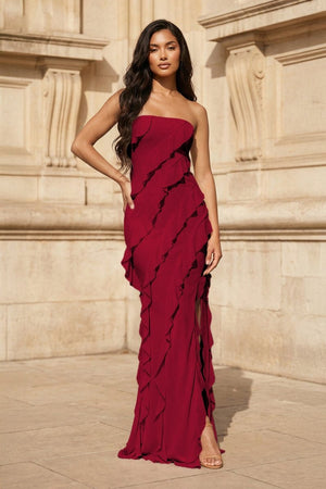 Pink - Sheath Strapless Chiffon Long Prom Dresses With Ruffles – Prom Dresses by KissProm | Available at KissProm
