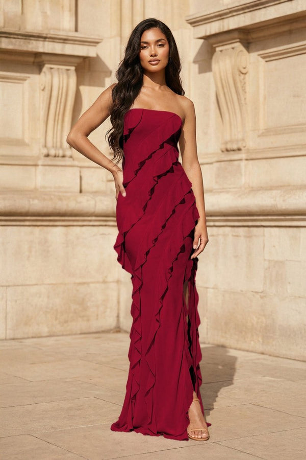 Pink - Sheath Strapless Chiffon Long Prom Dresses With Ruffles – Prom Dresses by KissProm | Available at KissProm