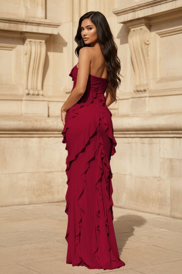 Pink - Sheath Strapless Chiffon Long Prom Dresses With Ruffles – Prom Dresses by KissProm | Available at KissProm