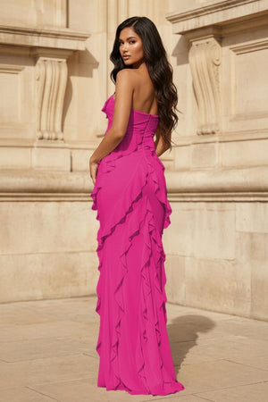 Pink - Sheath Strapless Chiffon Long Prom Dresses With Ruffles – Prom Dresses by KissProm | Available at KissProm