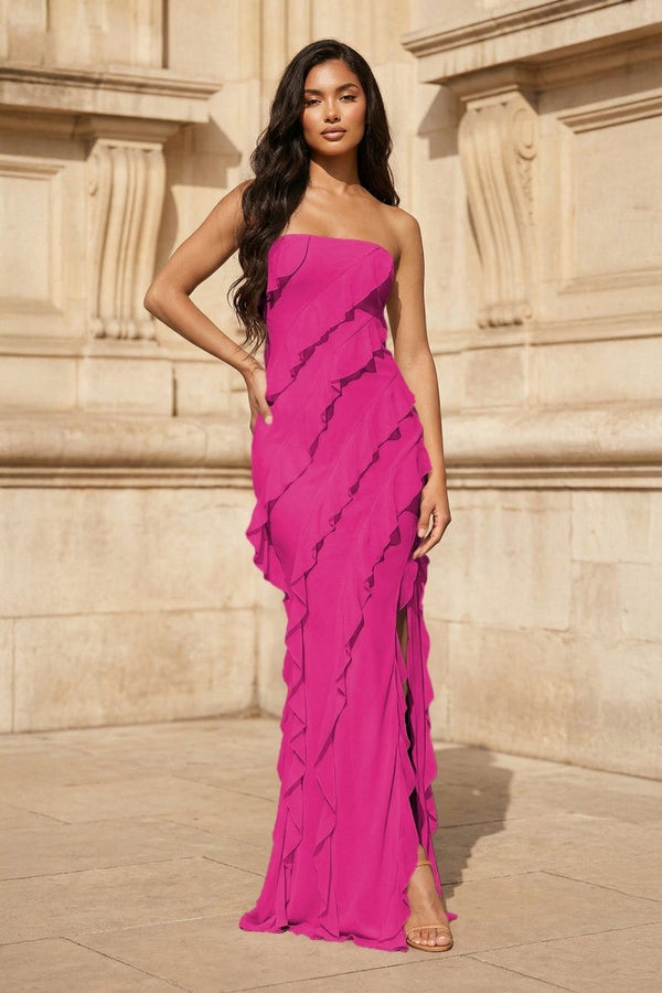 Pink - Sheath Strapless Chiffon Long Prom Dresses With Ruffles – Prom Dresses by KissProm | Available at KissProm
