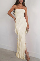 KissProm-Eylin Ivory Sheath Strapless Chiffon Long Prom Dresses With Ruffles 