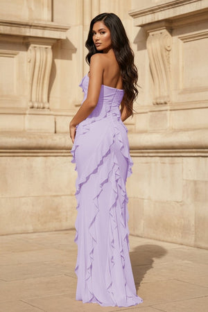 Pink - Sheath Strapless Chiffon Long Prom Dresses With Ruffles – Prom Dresses by KissProm | Available at KissProm