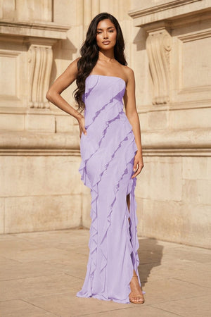 Pink - Sheath Strapless Chiffon Long Prom Dresses With Ruffles – Prom Dresses by KissProm | Available at KissProm