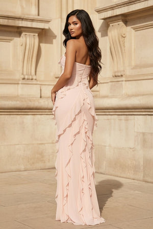 Pink - Sheath Strapless Chiffon Long Prom Dresses With Ruffles – Prom Dresses by KissProm | Available at KissProm