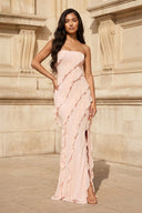 Pink - Sheath Strapless Chiffon Long Prom Dresses With Ruffles – Prom Dresses by KissProm | Available at KissProm