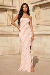 Pink - Sheath Strapless Chiffon Long Prom Dresses With Ruffles – Prom Dresses by KissProm | Available at KissProm