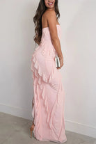KissProm-Eylin Pink Sheath Strapless Chiffon Long Prom Dresses With Ruffles 